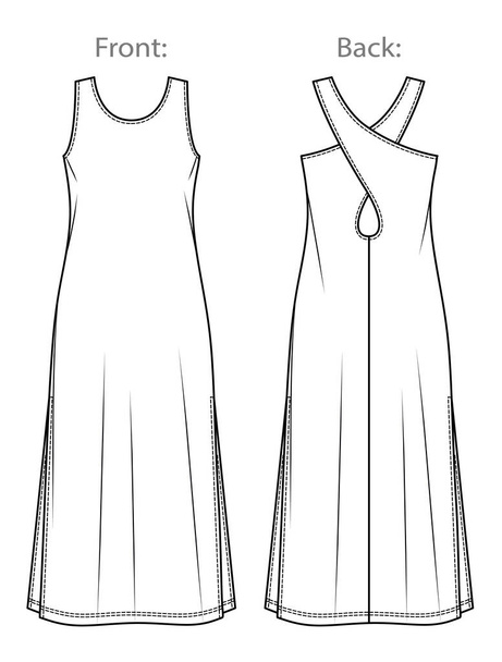 Vector maxi dress with side slits technical drawing, long summer dress fashion CAD, woman sleeveless dress with round neck sketch, template. Jersey or woven fabric dress with front, back view, white - ベクター画像