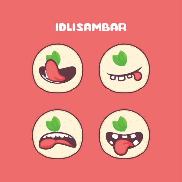 dibujos animados idli sambar. ilustración del vector alimenticio indio. con diferentes expresiones bucales. dibujos animados lindo - Vector, imagen