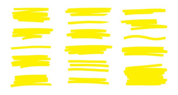 Highlight underline brush. Yellow marker pen stroke. Line brush vector set for memo highlight element, yellow marker effect, drawing text frame. - Wektor, obraz