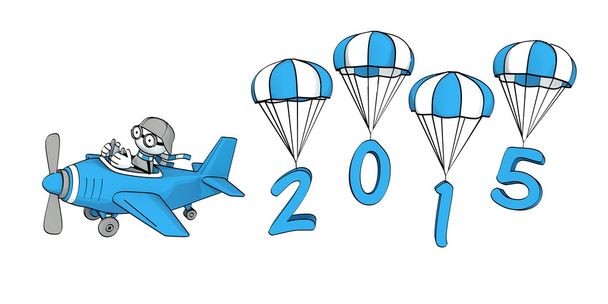 Yarım yamalak ufaklık paraşüt üzerinde uçan bir mavi uçak ve 2015 yılı - Fotoğraf, Görsel