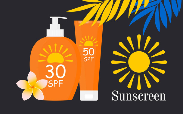Tubes and bottles of sunscreens with different SPF on a black background with tropical leaves. Cosmetics with UV protection for holidays and travel in the hot season.  - 写真・画像