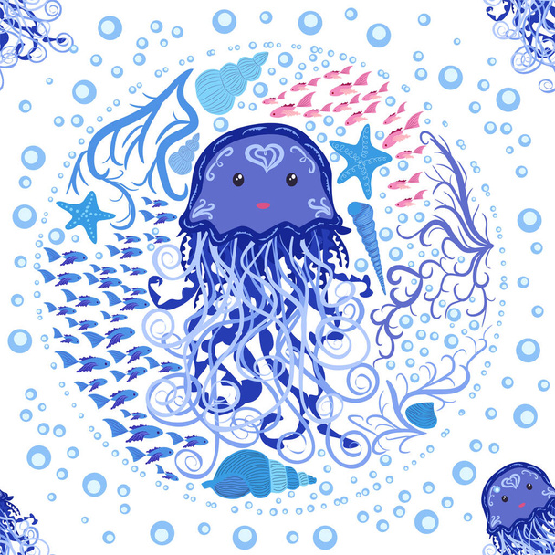 Jellyfish animals bright seamless patterns. Seamless pattern with detailed jellyfish. cute hand drawn fishes and jellyfishes in doodle style. Trendy nursery background. - ベクター画像