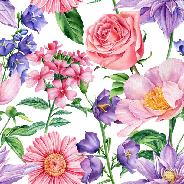 Rose, peonies, clematis, bluebell and verbena flower background template. Watercolor floral Seamless pattern  - Photo, Image