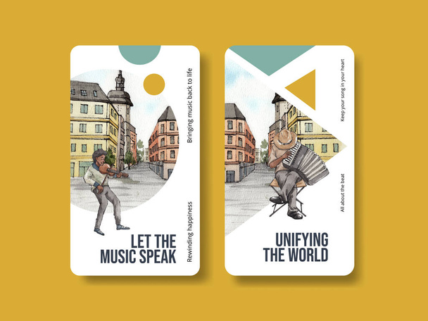 Instagram template with diverse music on street concept,watercolor styl - Vector, afbeelding