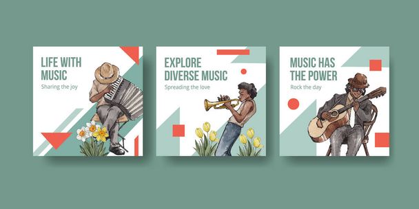 Banner template with diverse music on street concept,watercolor styl - Vector, afbeelding