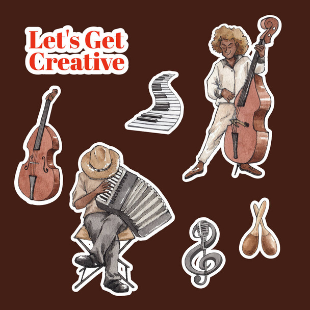Sticker template with diverse music on street concept,watercolor styl - Вектор,изображение