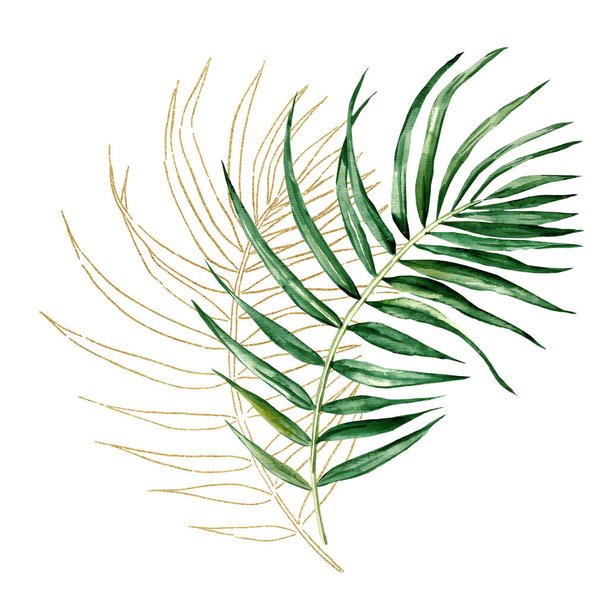 Green and Golden watercolor tropical palm leaves illustration. Elegant Element for wedding design, greeting cards and crafting, place for text - Photo, image