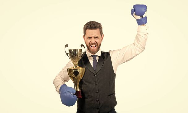 business knockout. boss show victory and authority. businessman in boxing gloves with trophy. - Photo, Image