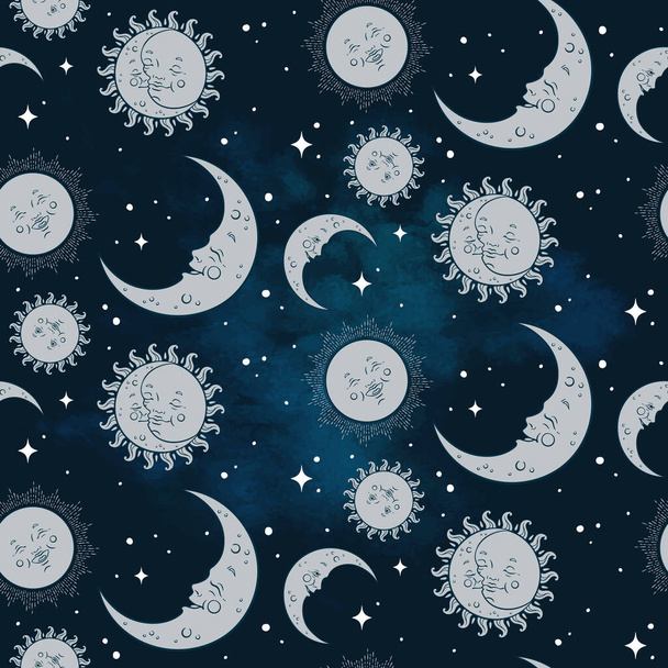 Vektorový bezproblémový vzor s dětskými nebeskými těly - měsíc, sluneční hvězdy a mraky. Pastelový ručně kreslený textil nebo obalový design pro děti. - Vektor, obrázek
