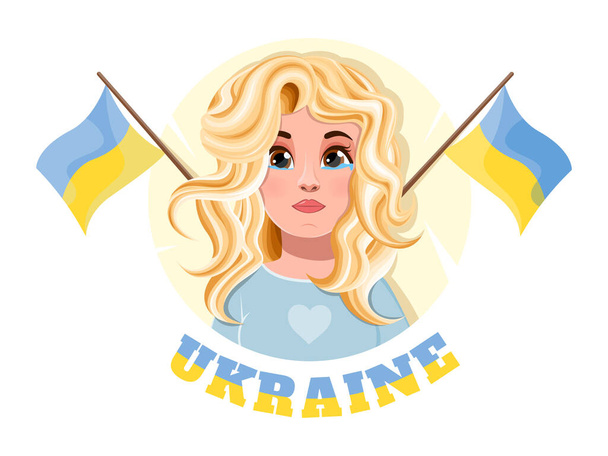 Chica llorando con banderas de Ucrania y la inscripción "Ucrania" - Vector, Imagen