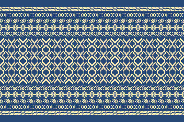 Beautiful Thai knitted embroidery.geometric ethnic oriental pattern traditional background.blue and cream tone.Aztec style,abstract,vector,illustration.design for texture,fabric,clothing,wrapping. - Vector, Image