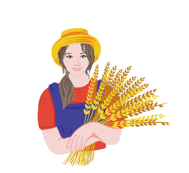 Rolnik dziewczyna kobieta trzyma uszy pszenicy w rękach.Ręcznie rysowane szkic .Ilustracja wektor. - Wektor, obraz
