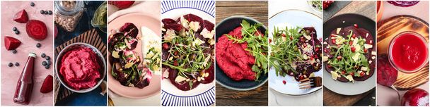 Set of healthy dishes and drinks with beetroots, top view - Fotografie, Obrázek
