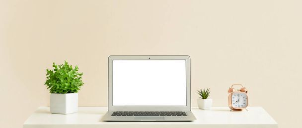 Workplace with modern laptop, houseplants and alarm clock on light background - Zdjęcie, obraz