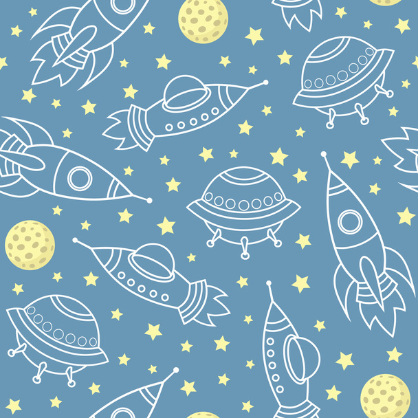 Vector seamless pattern with space rockets, stars, planets, spaceships - Vector, Image