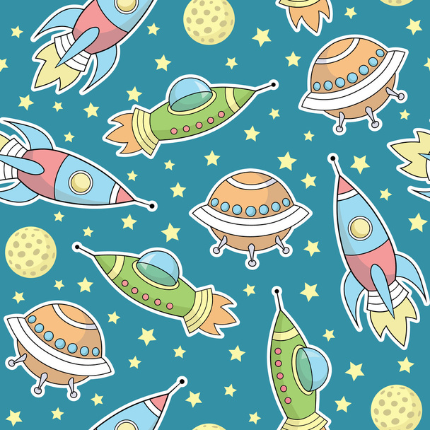 Vector seamless pattern with space rockets, stars, planets, spaceships - Vector, Image