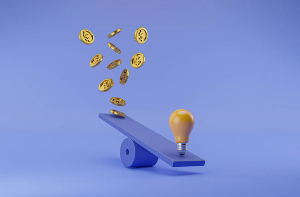 Lightbulb and golden coins flowing on seesaw for symbol of creative thinking idea and problem solving can make more money concept by 3d render illustration. - Foto, Imagen