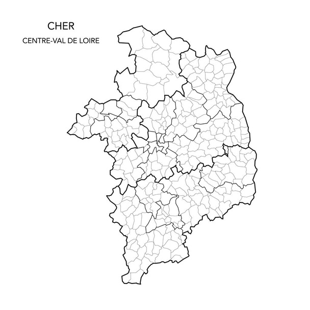 Mapa wektorowa podrejonów geopolitycznych francuskiego departamentu Cher wraz z okręgami, kantonami i gminami od 2022 r. - Centre-Val de Loire - Francja - Wektor, obraz