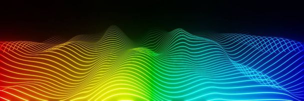 要旨技術カラフルなネオン輝く波のオーディオビジュアライザーの背景パノラマ3Dレンダリング - 写真・画像