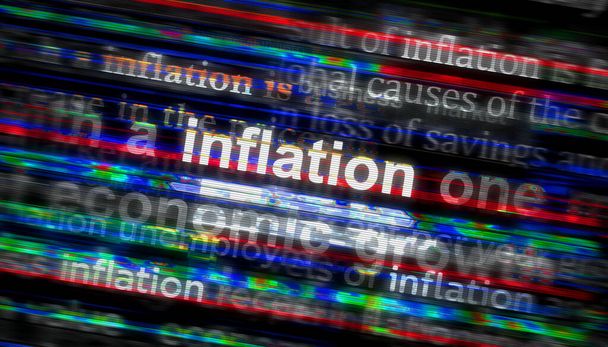 Uluslararası medyada enflasyon, kriz, ekonomi ve iş durgunluğu ile ilgili manşet haberleri. Gürültü gösterilerinde haber başlıklarının soyut konsepti. TV arızası etkisi 3d illüstrasyon. - Fotoğraf, Görsel