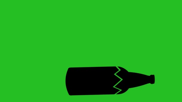 Loop animatie van het zwarte silhouet van een gebroken fles, op een groene chroma key achtergrond - Video