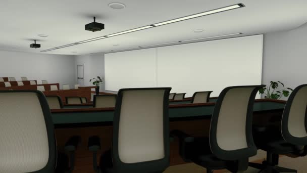 Vista del auditorio, aula, sala de conferencias. Equipo deslizante. Animación 3D profesional 4K. - Metraje, vídeo