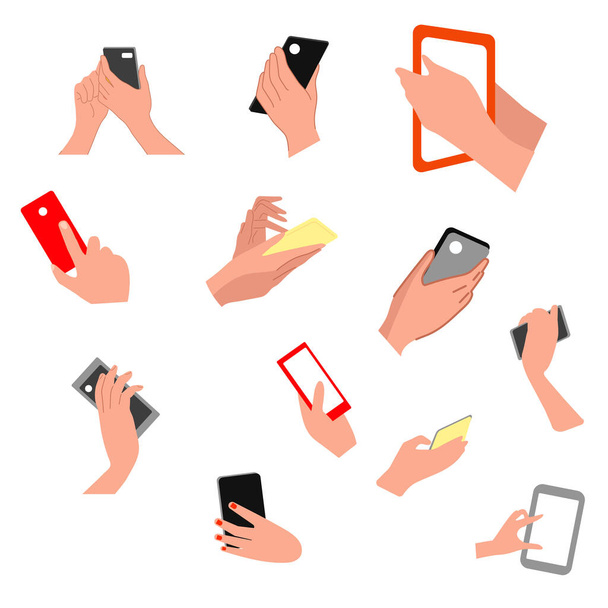 Set: manos humanas sosteniendo teléfono o tablet.Vector ilustración en - Vector, Imagen