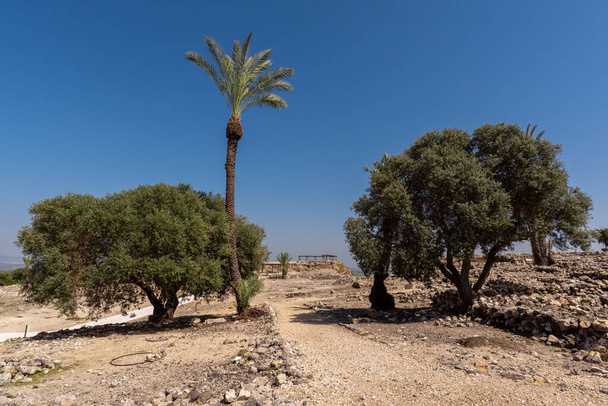Tel Megiddo Nemzeti Park egy régészeti lelőhely. Más néven Armageddon, az a hely, ahol az utolsó csatát a jó és a rossz között vívják meg.. - Fotó, kép