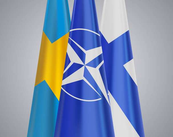Ilustracja pojęciowa flag szwedzkich i fińskich oraz NATO - Wektor, obraz