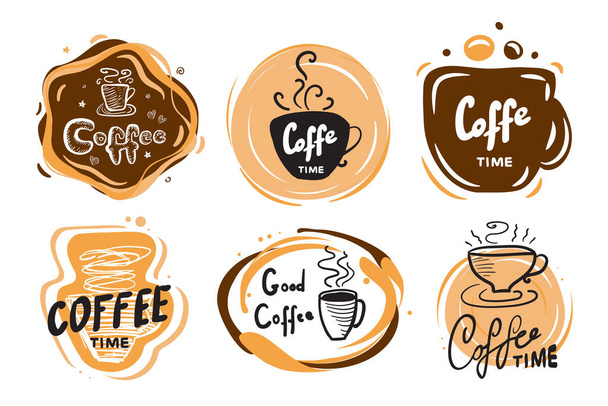 Litery kawy, ikony, naklejki. Ręcznie rysowana filiżanka kawy szkic doodle, szkicowany filiżanka, ręcznie rysowane logo kubek ciepłego napoju, lable - Wektor, obraz
