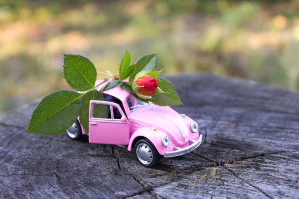 Toy pink car. Romantic postcard with a womans car. Flower delivery concept - Fotoğraf, Görsel