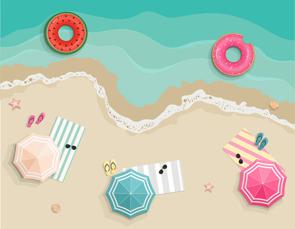 Літня пляжна курортна панорама з барвистими пляжними парасольками, рушниками та плаваючими плитами
 - Вектор, зображення