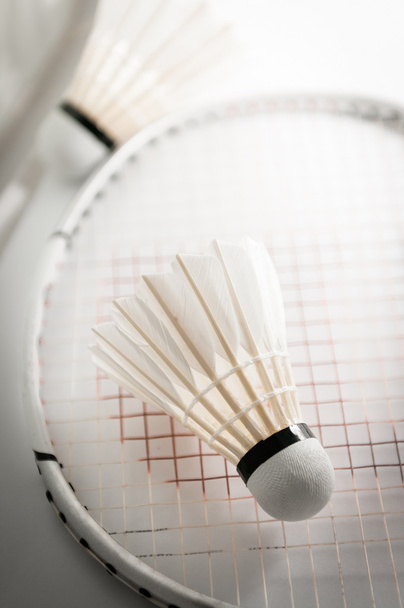 Shuttlecock on badminton racket closeup - Fotoğraf, Görsel