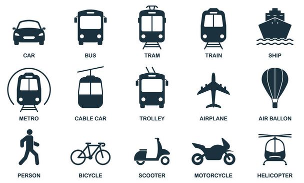 Μεταφορά Σιλουέτα Icon Set. Μέσα Μαζικής Μεταφοράς Glyph Σύμβολο. Σιδηροδρομικό, Μοτοσικλέτας, Οχημάτων, Αεροπορικών Μεταφορών Εικονόγραμμα. Σχεδιασμός Ταξιδιωτικών Μεταφορών. Μεμονωμένη απεικόνιση διανύσματος - Διάνυσμα, εικόνα