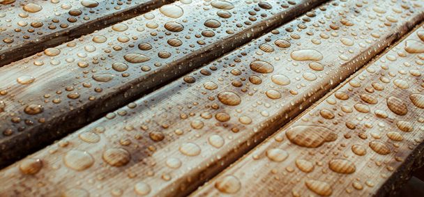 wet wooden planks of bench, background of wood texture with water drops from the rain, autumn mood - Fotoğraf, Görsel