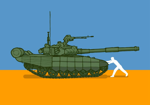 Украинский человек останавливает российский танк Русское вторжение и векторную иллюстрацию украинского патриотизма. - Вектор,изображение