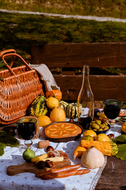 Autumn picnic. Table prepared for lunch in autumn nature, picnic . Harvest, autumn lunch, Wine and glasses. Outdoor meeting. - Photo, Image
