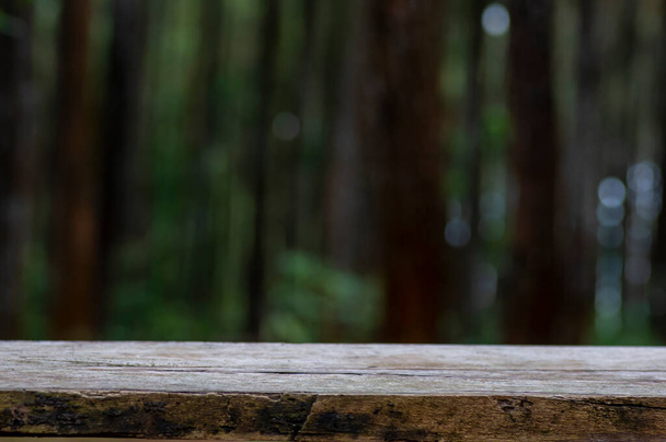 スマトラ松(Pinus merkusii)の前にある古い木の空のテーブルは、松林が立っています。製品表示. - 写真・画像