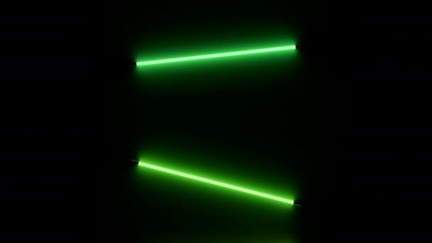 Abstract stromende neon groene stokken geïsoleerd op een zwarte achtergrond, naadloze lus. Ontwerp. Korte gloeiende segmenten die naar beneden bewegen. - Video