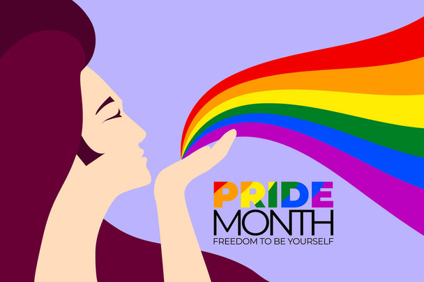 ゲイとLGBTのプライドデーのポスター。多様性を表す虹を手から吹いている人 - ベクター画像