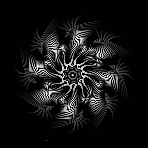 Optische Kunst spiralförmig monochromes Mandala. Streifenmuster mit achteckigem Gefälle. Stammesheiliger Acht-Zackenstern. - Vektor, Bild