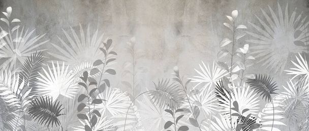 árvores tropicais e folhas para impressão digital papel de parede, papel de parede design personalizado - ilustração 3D - Foto, Imagem