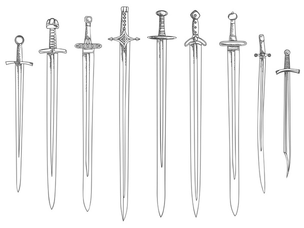 Vector illustration set of swords (drawn in ink). - Vector, Image