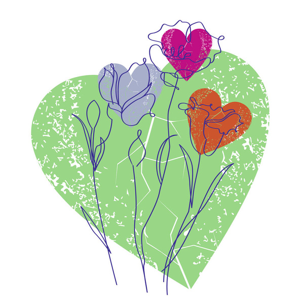 T-shirt design de trois fleurs linéaires sur un coeur vert. - Vecteur, image