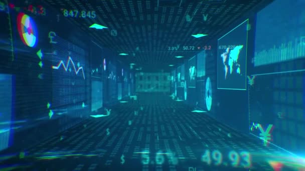 3D animation of high speed flying lines and currency numbers and stock market. Sci-fi digital frame Electric motion dynamic stripes on a dark background. Neon rays of hyperspace glow - Footage, Video