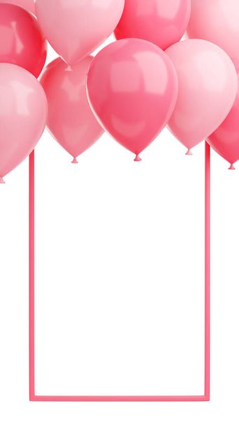 Συγχαρητήρια πανό με ροζ μπαλόνια και καρέ σε λευκό φόντο - 3D καθιστούν την ιστορία των μέσων κοινωνικής δικτύωσης - Φωτογραφία, εικόνα