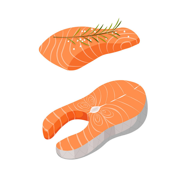 Ensemble de saumon dans un style plat à la mode. Filet et steak de poisson rouge. Conception de produits de la mer. Illustration vectorielle fond blanc isolé. - Vecteur, image