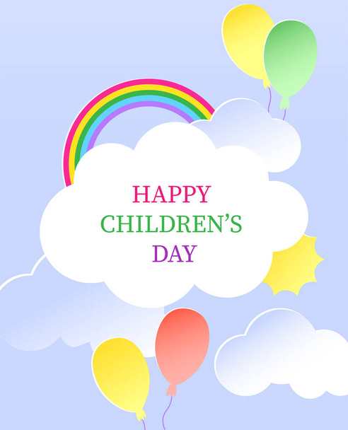 Happy Children 's Day Karte. Regenbogen, Sonne und Wolken auf blauem Hintergrund. - Vektor, Bild