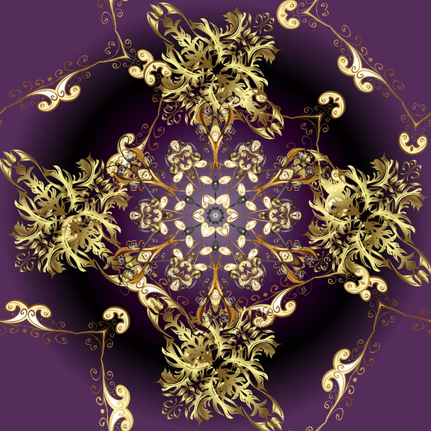 Antique golden repeatable wallpaper. Gold floral ornament in baroque style. Golden element on purple, black and brown colors. Damask seamless repeating pattern. - Photo, image