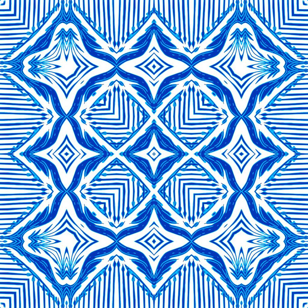 Blue white watercolor azulejos tile background. Seamless coastal geometric floral mosaic effect. Ornamental arabesque all over summer fashion damask repeat - Fotoğraf, Görsel